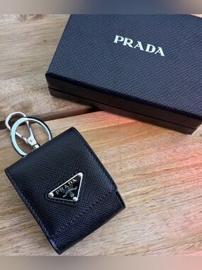 Prada Black Saffiano Leather AirPods / Key Holder with Triangle Logo